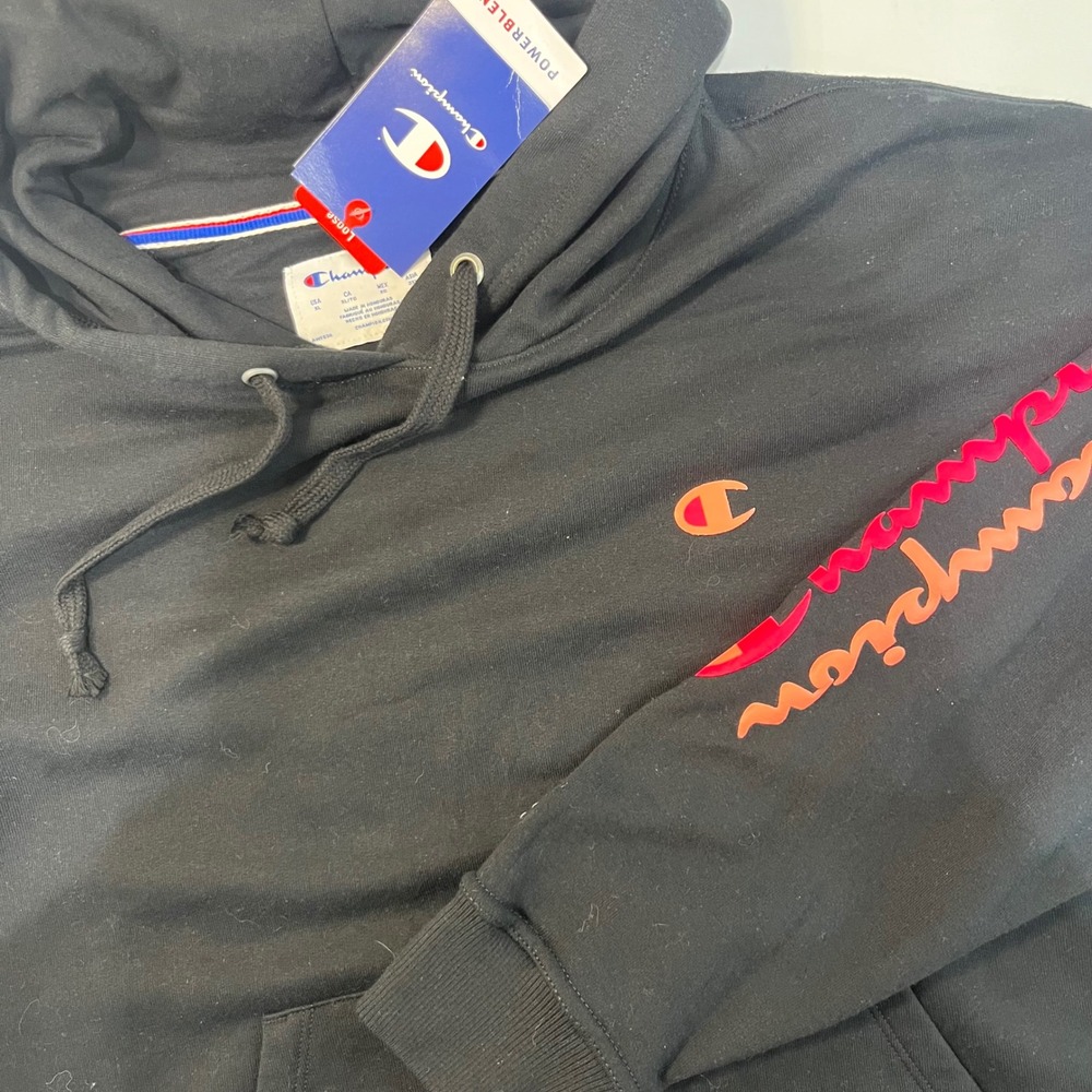 NEW Champion‎ Black Pullover Hoodie Womens XL Sleeve Logo Sweatshirt Fleece